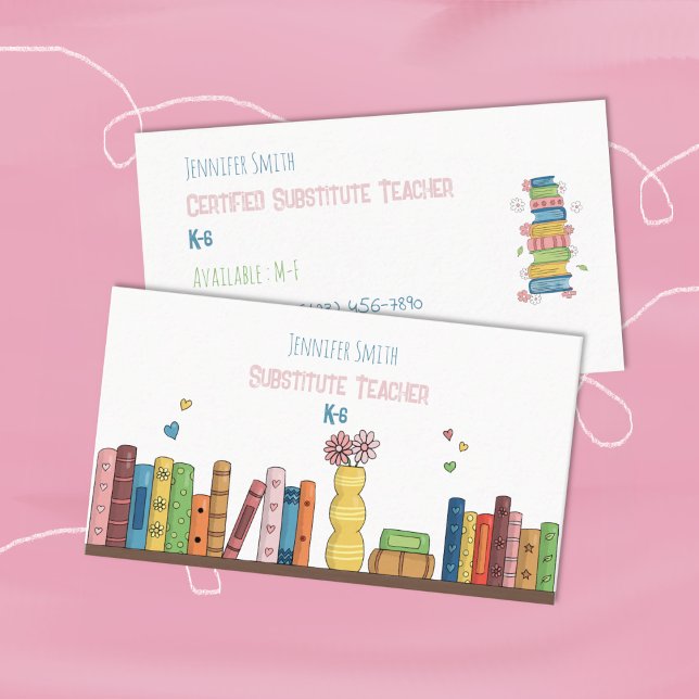 Libros acuarelas sustituyen a las tarjetas de prof (Watercolor books elementary school substitute teacher white double-sided business cards .)