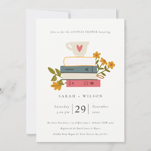 Libros apilados Pastel Parejas Florales Invitación (Anverso)