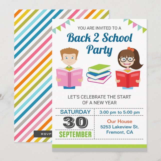Libros Coloridos | Invitación de Fiesta de Regreso (Anverso / Reverso)