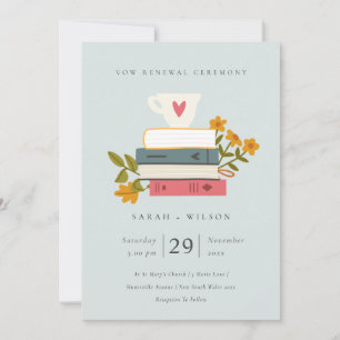 Libros Cute Azul apilados Libros Floral Invitación