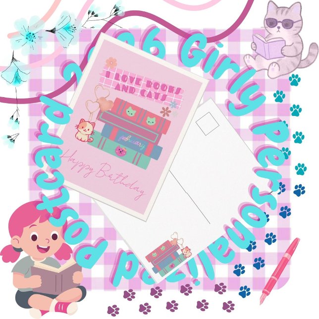 Libros Lindos & Gatos Tarjeta Postal de Vacaciones ("I Love Books & Cats"- Standard Holiday Postcard, Pink Color 2026, library month, library week, cat )