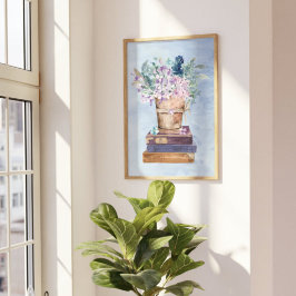 Libros morados azules y flores arte en la pared