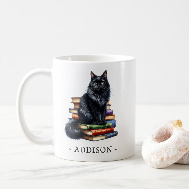 Libros y jarras de gato negro con plantilla de nom (Con donut)