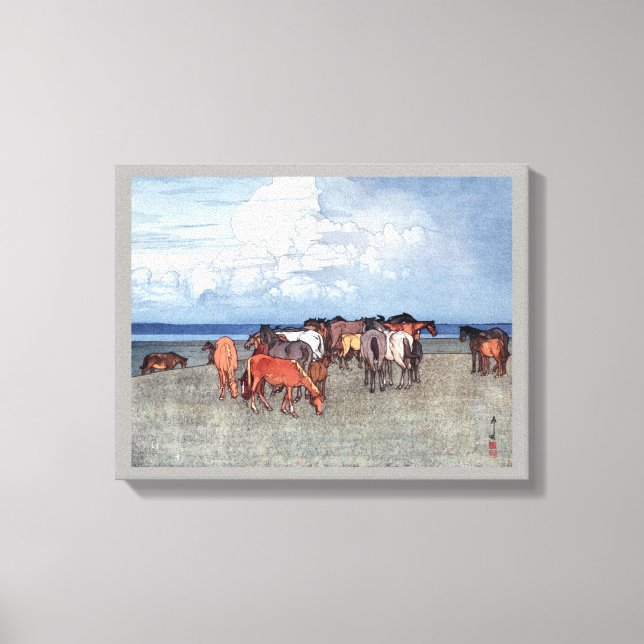 Lienzo 沼 崎 場, caballos, Hiroshi Yoshida, Woodcut (Anverso)