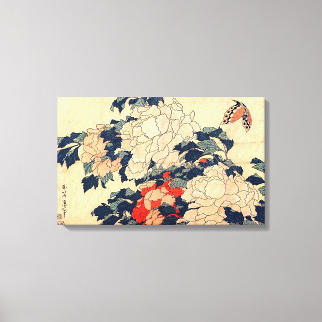 Lienzo 牡 丹 と 蝶, 北 斎 Peonies y Mariposa, Hokusai, Ukiyo-e (Anverso)