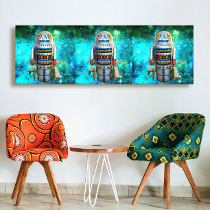 Lienzo 3 robot de juguete galaxia turquesa vintage retro