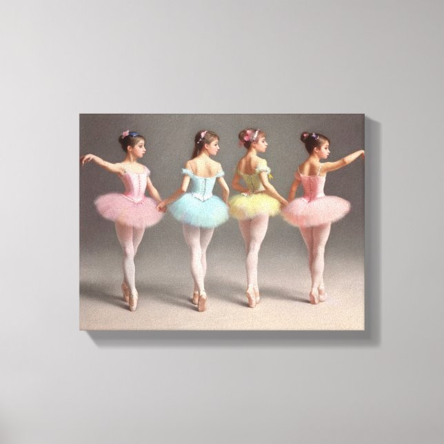 Lienzo 4 bailarinas con tutús rosa, amarillo, verde dulce (Anverso)