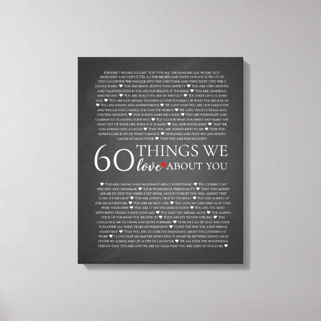 Lienzo 60 cosas que amamos de ti, 70 cumpleaños 80 (Anverso)