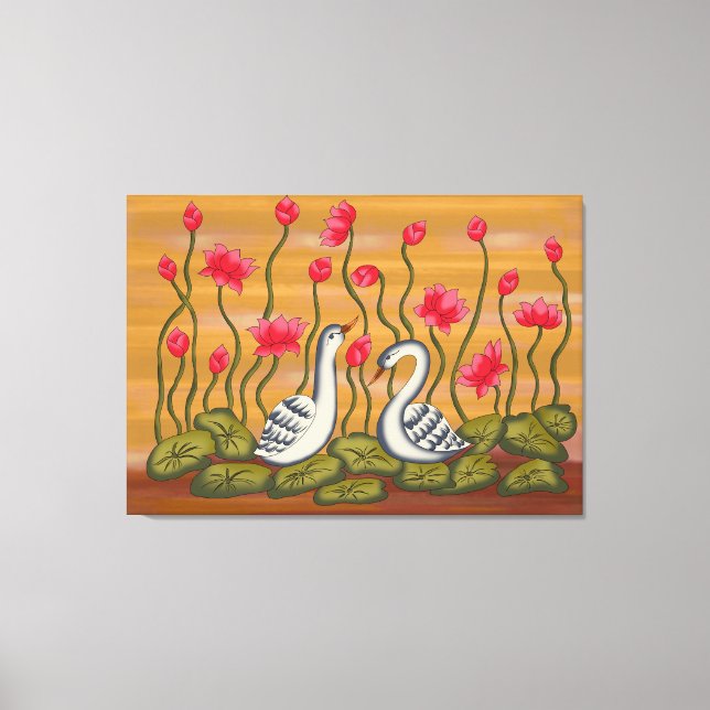 Lienzo A beautiful coupal swan with lotus flower..... (Anverso)