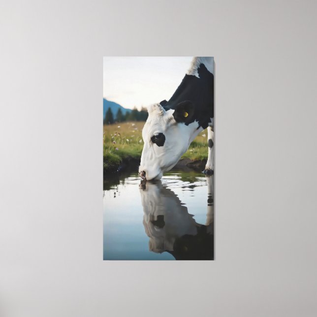 Lienzo A cow drinks water in a natural stream (Anverso)