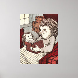 Lienzo A hedgehog in a blanket reading a book to a young 