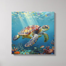 Lienzo A Sea Turtle and Sun Rays in the Ocean Blue