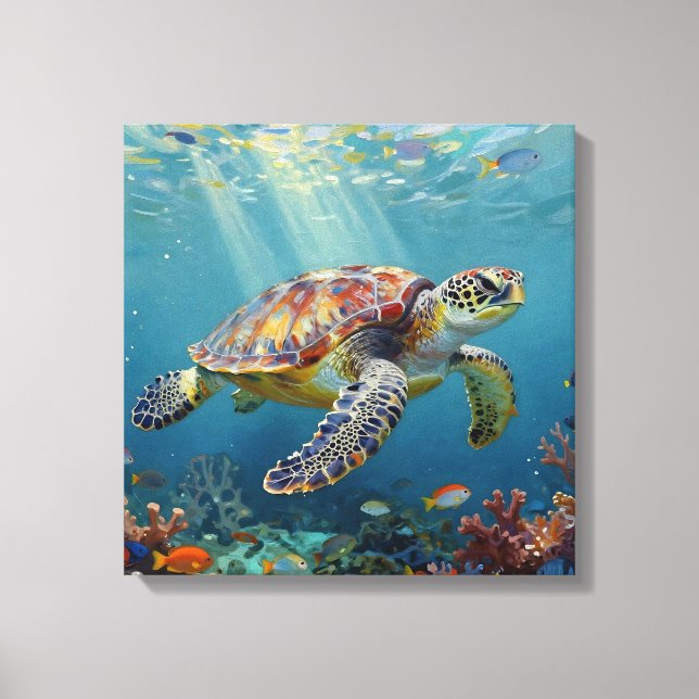 Lienzo A Sea Turtle and Sun Rays in the Ocean Blue (Anverso)