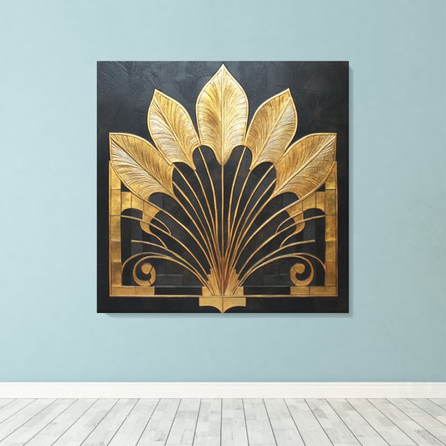Lienzo Abanico de plumas doradas Art Déco atemporal sobre (Insitu (piso de madera))