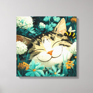 Lienzo Abeja de acuarela gato durmiendo flor jardín
