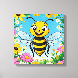 Lienzo Abeja de Dibujos Animados Flores Coloridas