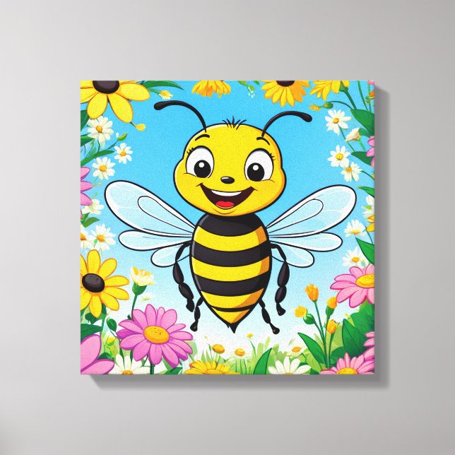Lienzo Abeja de Dibujos Animados Flores Coloridas  (Anverso)