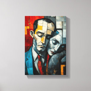 Lienzo Abrazo de soledad - Pareja Cubista Resumen