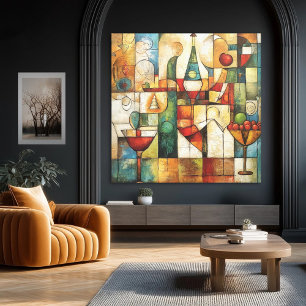 Lienzo Abstracción Cubista Moderna Vino y Frutas Bodegón