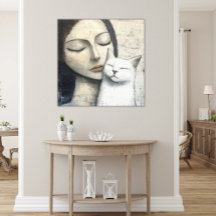 Abstracción de una mujer riéndose de un gato blanc