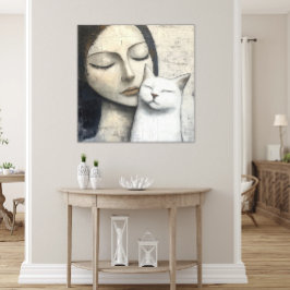 Lienzo Abstracción de una mujer riéndose de un gato blanc