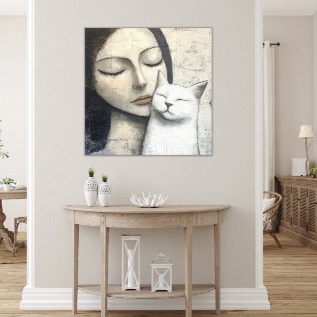 Lienzo Abstracción de una mujer riéndose de un gato blanc (Printed Canvas Abstract Woman's Face with White Cat, Peaceful Snuggle Modern Neutral Art)