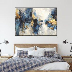 Lienzo abstracto azul y blanco – acentos dorados