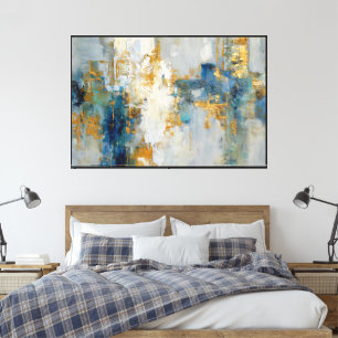 Lienzo abstracto de tinta azul turquesa y dorada