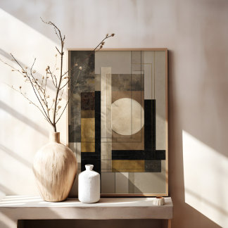 Lienzo Abstracto Geométrico Neutral, Beige Negro Dorado