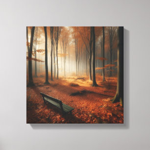 Lienzo Aclaramiento Otoño Dorado con banco con bosque