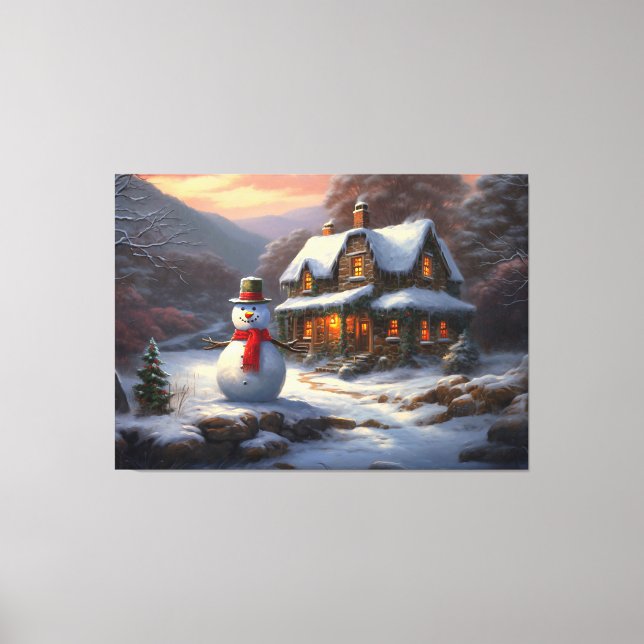Lienzo Acogedores Navidades Cottage y Snowman | Invierno  (Anverso)