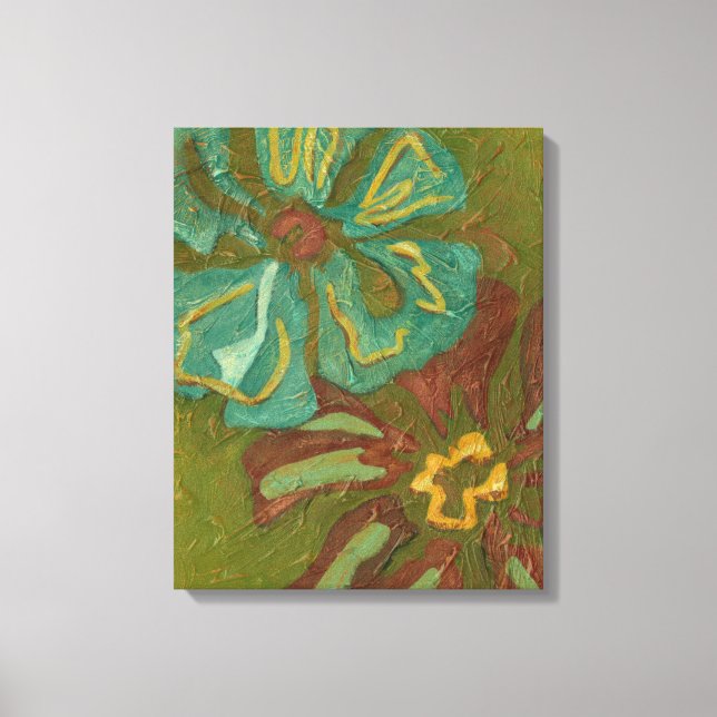 Lienzo Acua y flores de Naranja quemadas en fondo verde (Anverso)