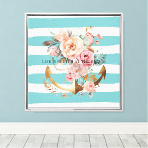 Lienzo Acuarela Aqua Beach Stripes Ancla Floral