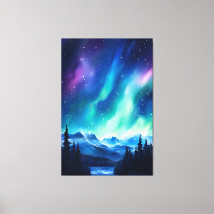 Lienzo Acuarela Aurora boreal luces del norte