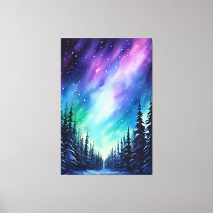 Lienzo Acuarela Aurora boreal luces del norte 