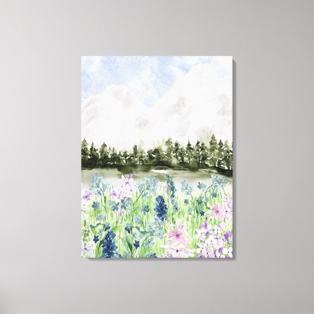 Lienzo Acuarela Azul Púrpura Flor pradera en montaña (Anverso)