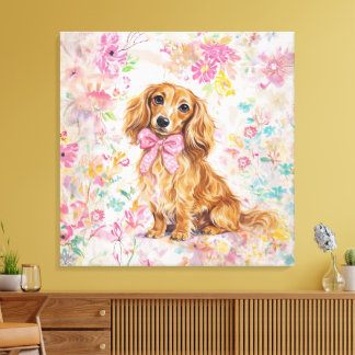 Lienzo Acuarela Dachshund de pelo largo Floral pastel