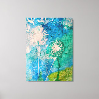 Lienzo acuarela de Dandelion azul y verde abstracto