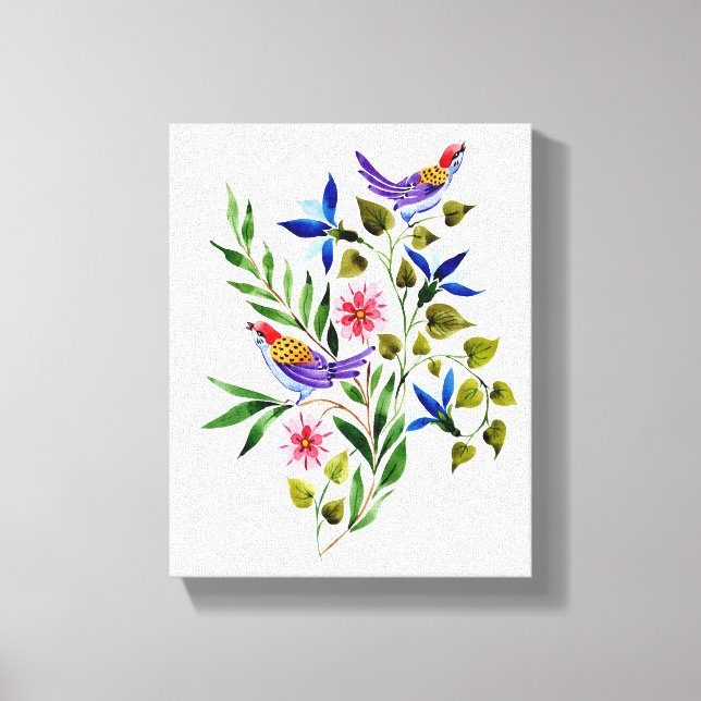 Lienzo Acuarela de pájaros y flores coloridos brillantes  (Anverso)