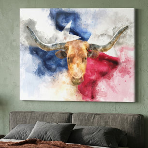 Lienzo Acuarela de Texas Longhorn con mapa artístico de b