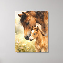 Lienzo Acuarela de Yegua y Potro Bajo Su Mirada Suave 