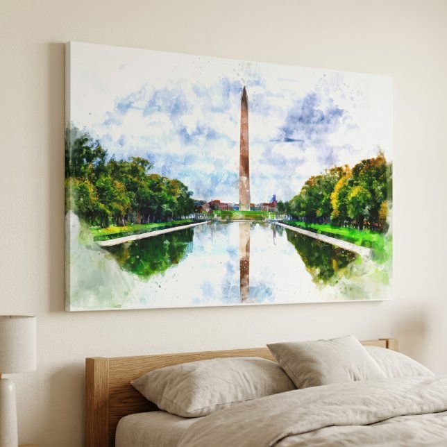 Lienzo Acuarela del Monumento a Washington con reflejo (Washington Monument Watercolor with Reflection. Canvas Print)