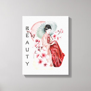Lienzo Acuarela japonesa de geisha con Kimono y Sakura