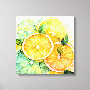 Lienzo Acuarela Limón Naranja Lima Botánica Cocina