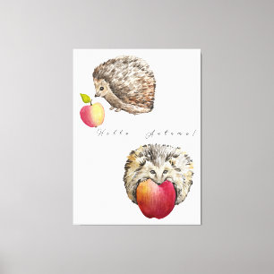 Lienzo Acuarela lindo hedgehog y bolsa de tosco de manzan