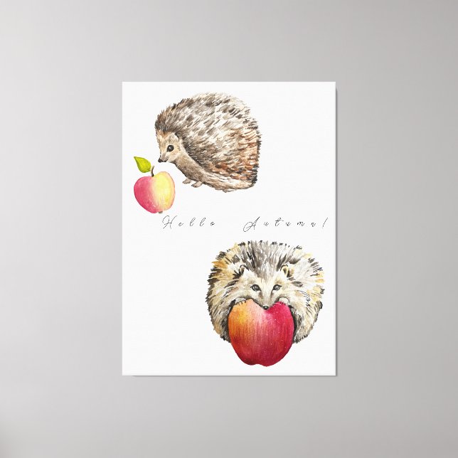 Lienzo Acuarela lindo hedgehog y bolsa de tosco de manzan (Anverso)