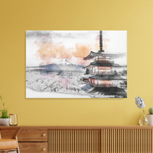 Lienzo Acuarela Pagoda Japonesa y Mt. Fuji