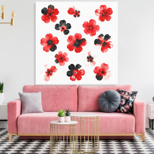 Lienzo Acuarela Rojo Negro Blanco Floral