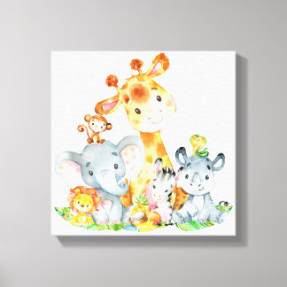 Lienzo Acuarela rosa Cute Safari Jungle Animales