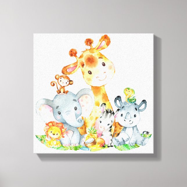 Lienzo Acuarela rosa Cute Safari Jungle Animales (Anverso)